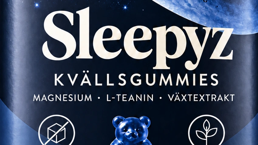 Närbild av den godkända Sleepyz-etikettens namn och produktbeteckning