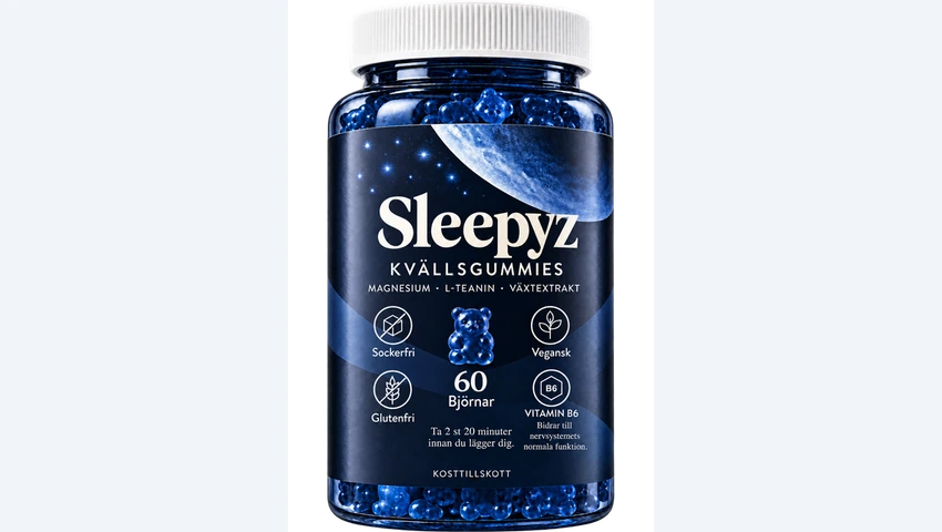 En burk Sleepyz kvällsgummies med vit kork och mörkblå etikett
